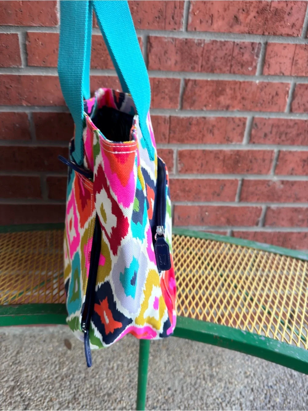 Vibrant Multi-Color Geometric Laptop Bag with Teal Handles Almost new